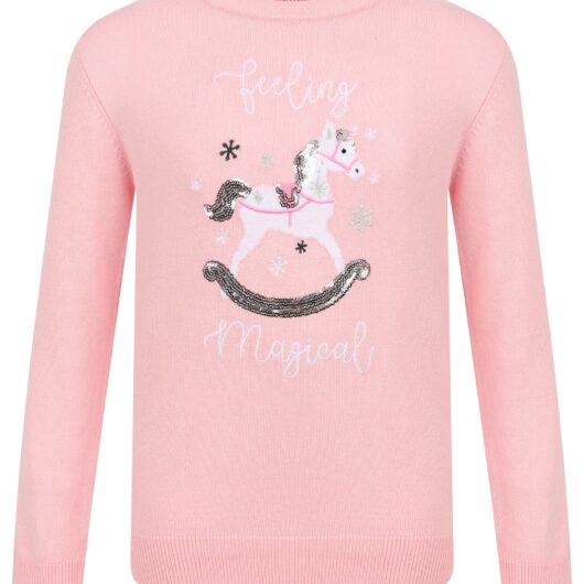Jumpers Girls Xmas Unicorn Novelty Christmas Jumper in Almond Blossom - Merry Christmas Kids (4-12yrs) / 4-5 Years - Tokyo Laundry