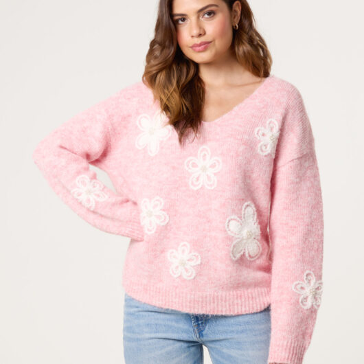 V Neck Flower And Pearl Jumper - S/M / PINK